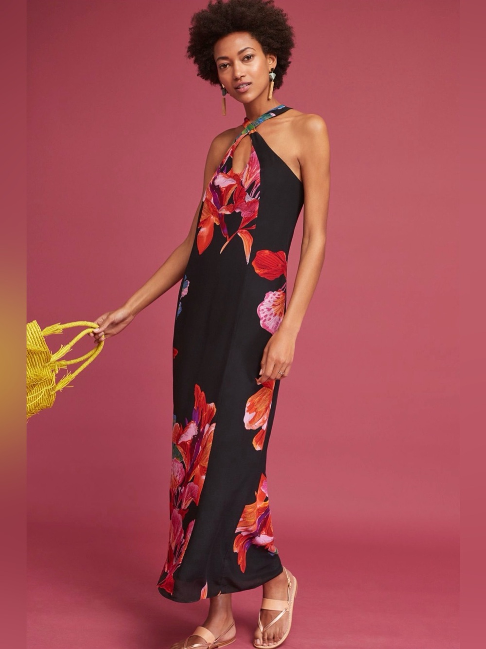 ANTHROPOLOGIE MAEVE CAYMAN SILK RED FLORAL TIE NECK MAXI DRESS SZ XL